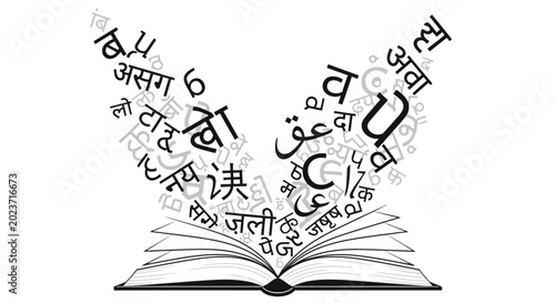 Open Book with Flying Foreign Alphabet Characters and Linguistic Symbols