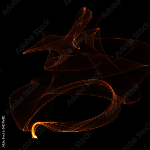Abstract Fiery Light Trails and Orange Smoke Swirls on Black Background