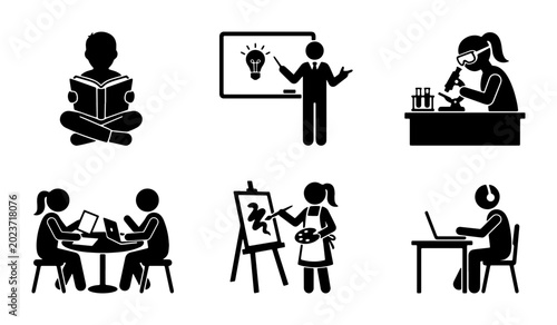 Photos Education and Learning Icons Set: Studying, Teaching, Science, Collaboration, Ar