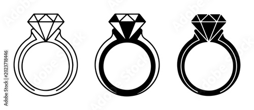 Schilderij op canvas Diamond Ring Icons, Engagement Ring Vector Set, Jewelry Symbol Collection, Preci