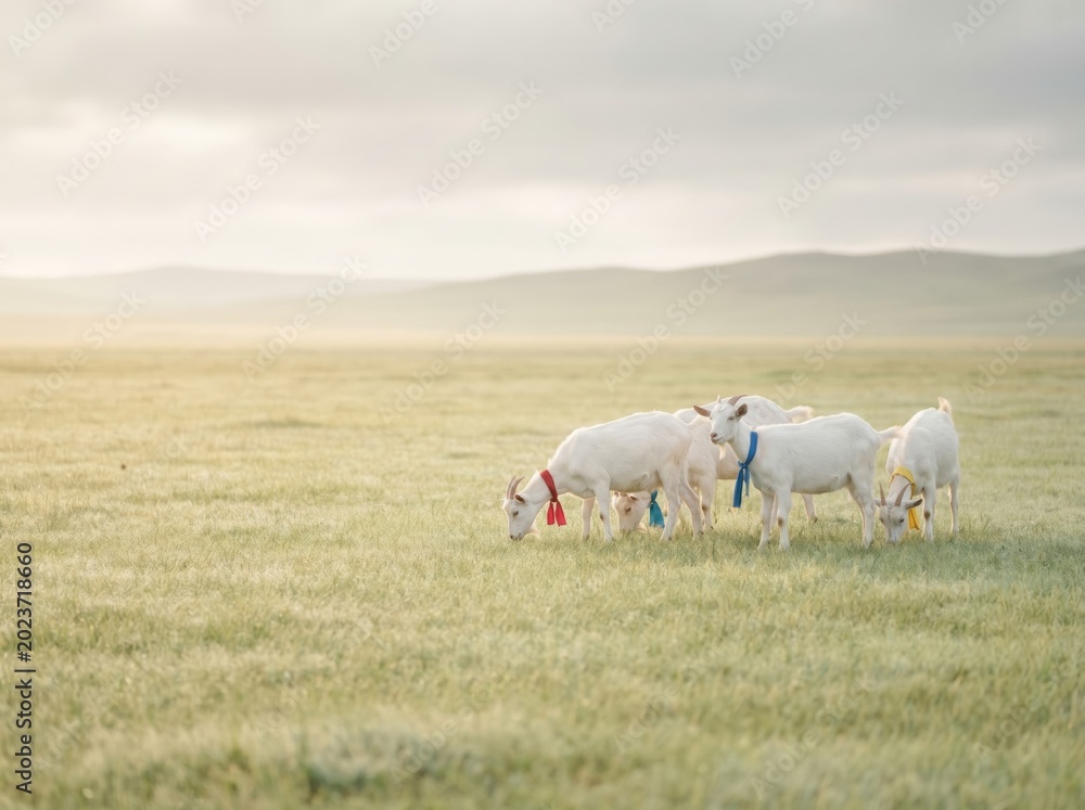 Fototapeta premium White goats with colorful ribbons grazing in open field for Eid al Adha qurban concept