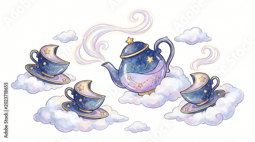 Celestial Tea Party: Whimsical teapot and cups with moon and star motifs float among fluffy clouds, creating a dreamy and magical tea time experience.