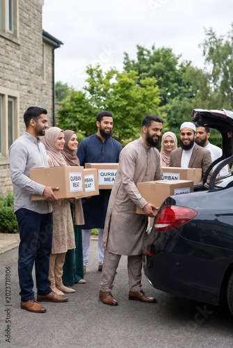Muslim volunteers loading qurban meat boxes for Eid al Adha charity delivery