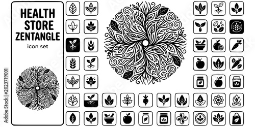 Tableau sur toile Health Store Zentangle Black White-Leaf Mandala Root Organic-Natural Food Vector