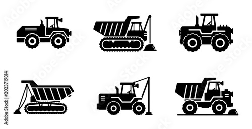Billede på lærred Construction Vehicles Icons Set, Heavy Machinery Vector Graphics, Industrial Tra