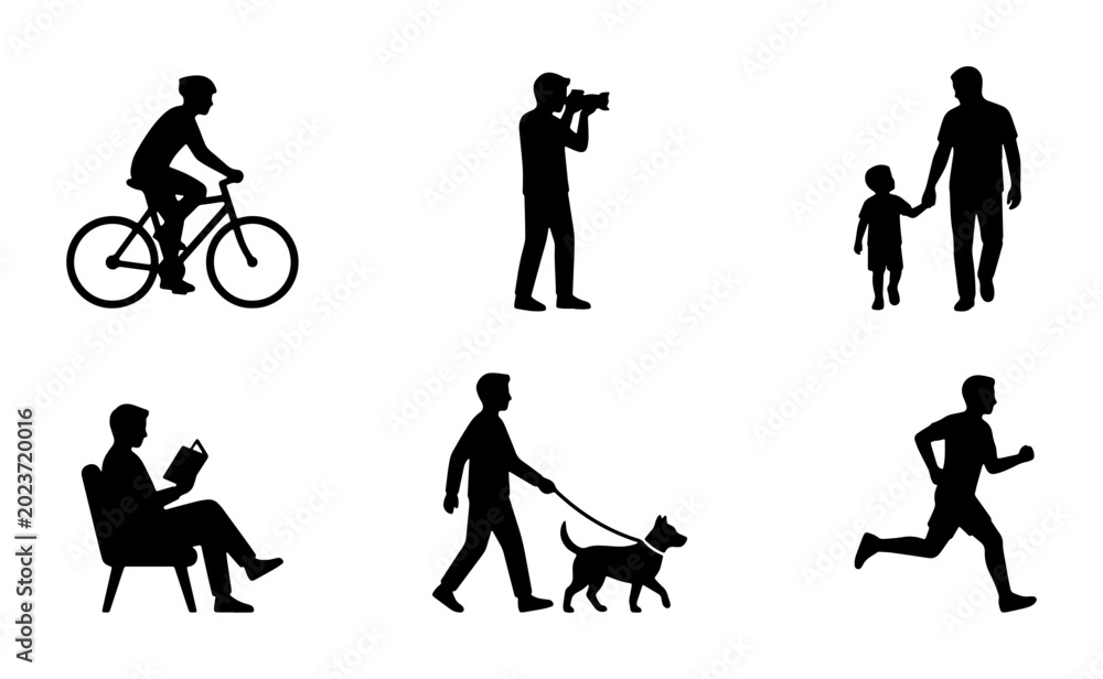 Fototapeta premium Silhouette Collection: Diverse Human Activities, Cyclist, Photographer, Father & Child, Reader, Dog Walker, Runner, Vector Icons for Lifestyle and Recreation