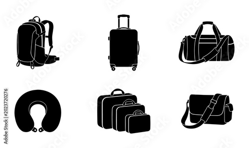 Vászonkép Travel Luggage Icons Set: Backpack, Suitcase, Duffel Bag, Neck Pillow, Luggage S