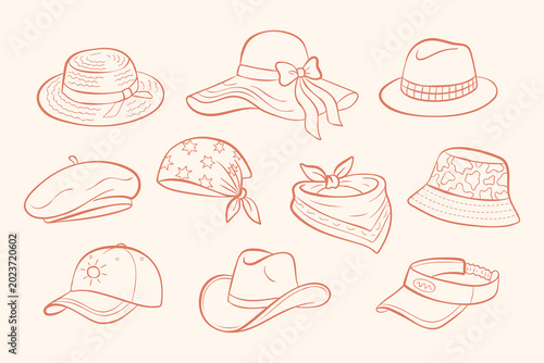 Tableau sur toile Hand drawn summer hats collection in minimal line art style
