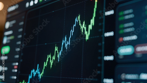 Upward financial stock market graph on dark background
