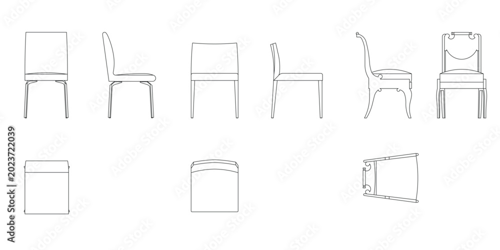 Ταπετσαρία Collection of wooden and upholstered dining chairs showing front side and top views in a technical line style