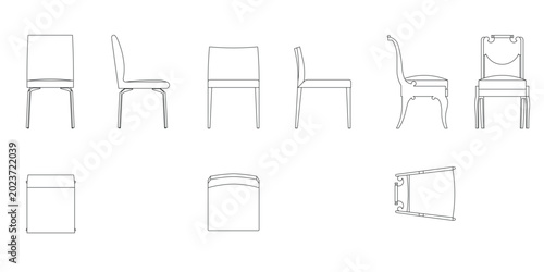 Foto Collection of wooden and upholstered dining chairs showing front side and top views in a technical line style