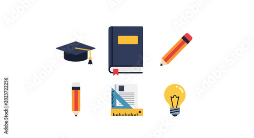 Education elements book cap and pencil