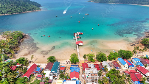 Принти на полотні Aerial view of tropical beach and village in Koh Rong island Cambodia