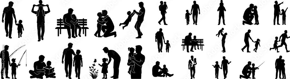 Obraz premium Comprehensive set of father and child silhouettes illustrating diverse parenting and family bonding scenarios