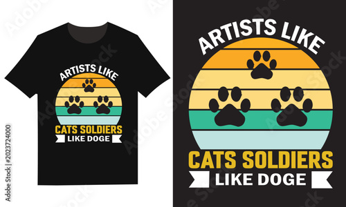 Fotografie Cat paw print t shirt design 'artists like cats soldiers like doge' graphic tee