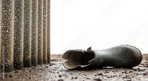 Single black leather work boot lying.