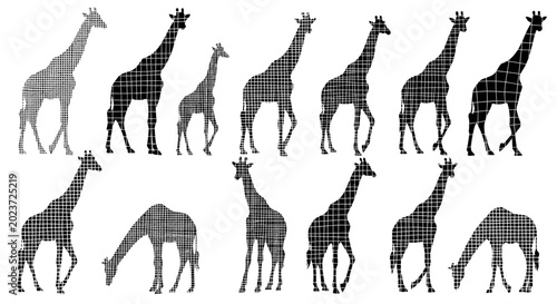 Canvastavla Giraffe silhouettes in various poses and shading animal graphics