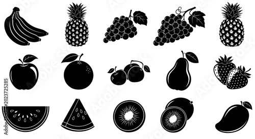 Bild auf Leinwand Collection of various fruit icons in black silhouette style on white background