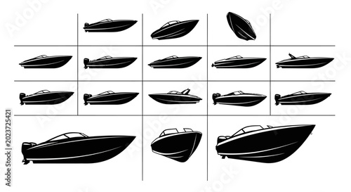 Foto Set of sleek boat silhouettes in various orientations and styles on white backgr