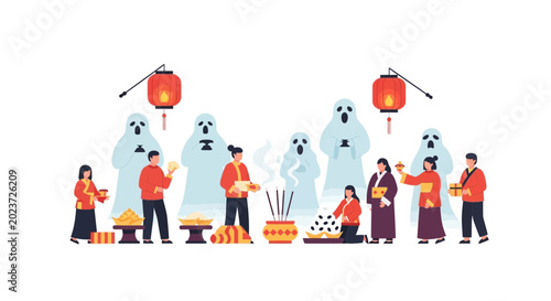 Tableau sur toile Asian Ghost Festival Rituals, People Offer Food and Incense to Spirits