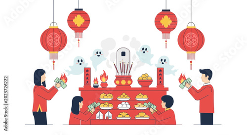 Slika na platnu Chinese Ghost Festival Altar Offering: Family Rituals, Lanterns, and Ancestor Wo