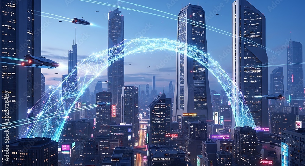 Fototapeta premium Futuristic cityscape with neon lights technology.
