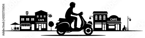 Obraz na płótnie Scooter rider driving in city street past cafes silhouette vector