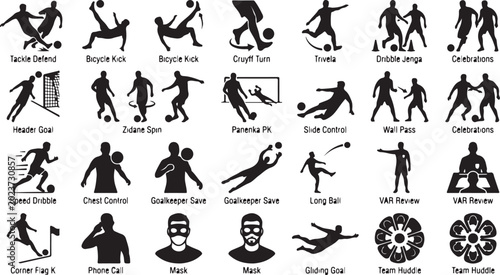 Collection of  Fat Stick Figure Soccer Player Silhouette Icons with Football Actions