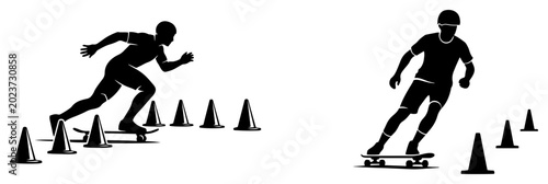 Canvas Print Skateboarder maneuvering through training cones in black and white silhouette st