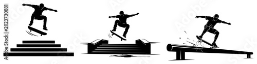 Photos Skateboarder performing tricks on urban obstacles like stairs and rails in black