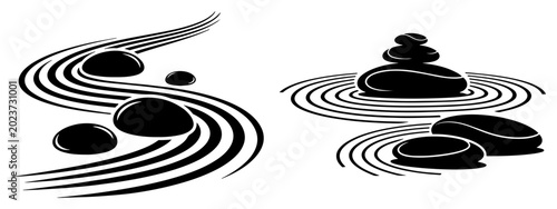 Canvas Print Zen garden stones with sand raking patterns and stacked pebbles in minimalist bl