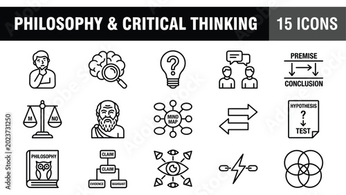 Vászonkép Black and white philosophy and critical thinking icon set with 15 educational sy