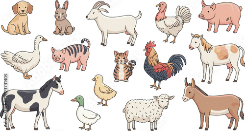 Bild auf Leinwand Cute cartoon farm animals set with horse cow sheep pig goat donkey dog cat roost