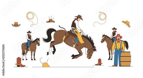 Bild auf Leinwand Cowboy Rodeo Scene: Bronc Riding, Barrel Racing, and Western Lifestyle Illustrat