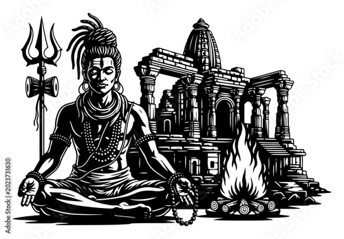 Bild auf Leinwand Shiva meditating with trident and temple ruins in black and white vector style