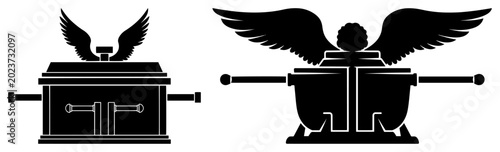 Obraz na plátně Ark of the Covenant with cherubim wings in black and white vector silhouette sty
