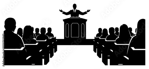 Photos Preacher standing at pulpit speaking to church congregation in black and white s
