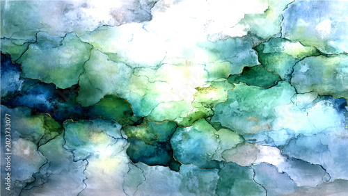 Photos Abstract watercolor artwork, flowing blended hues blue green white, evoking ethereal celestial landscape, serene atmospheric motion
