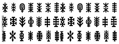 Foto Slavic folk ornaments and ethnic symbols in geometric pattern black and white ve