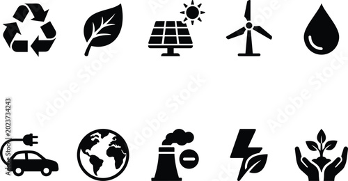 Schilderij op canvas Environmental conservation and green technology silhouette icons collection with