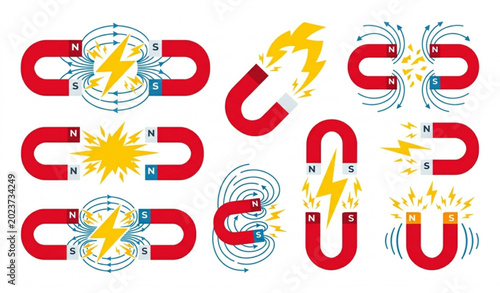 Obraz na płótnie Red horseshoe magnet vector set magnetic power lightning illustration