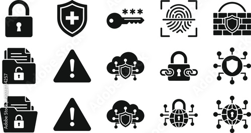 Fotografi Digital privacy vector glyph elements including secure folder lock alert warning