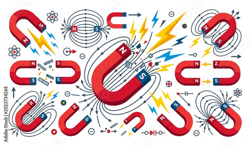 Photos Magnetic attraction vector illustration red magnet and lightning icon set