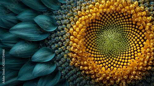 Macro Close-Up of Sunflower Center with Teal Petals and Golden Florets