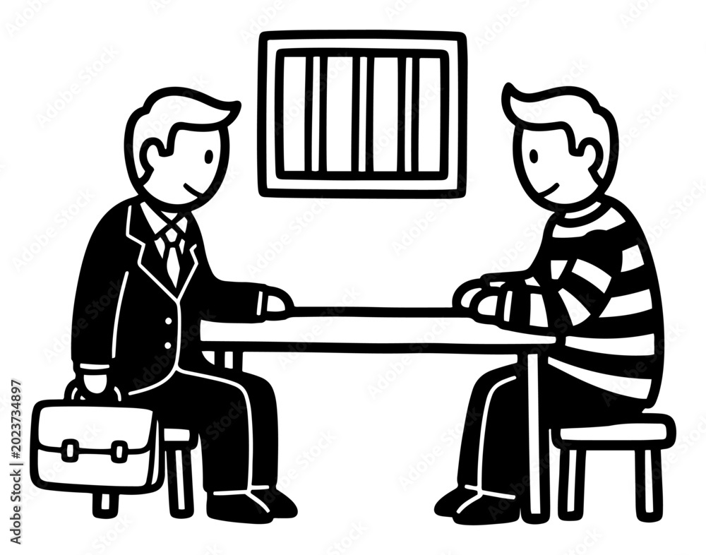 Fototapeta premium Lawyer visiting prisoner in jail interview room line art vector