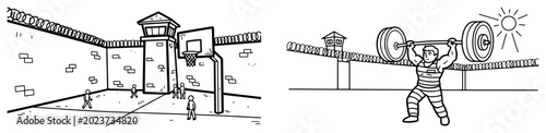 Fotografie Prison yard scenes with basketball court and prisoner weightlifting in line art