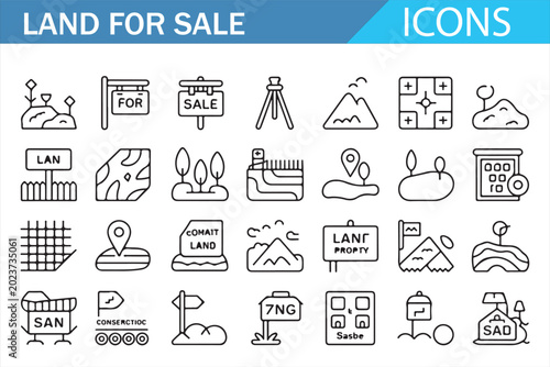 Tableau sur toile Land for Sale Icons Set with Real Estate Property and Location Symbols