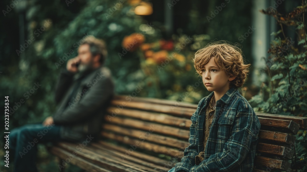 Fototapeta premium Boy Sitting on Park Bench, Man in Background