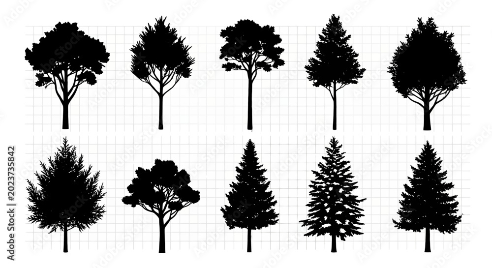 Fototapeta premium Collection of black tree silhouettes on grid background for design and illustration