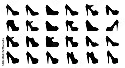 Collection of black high heeled shoe silhouettes on white background